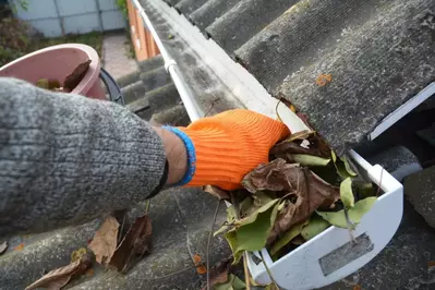 Rain,Gutter,Cleaning,From,Leaves,In,Autumn,With,Hand.,Roof